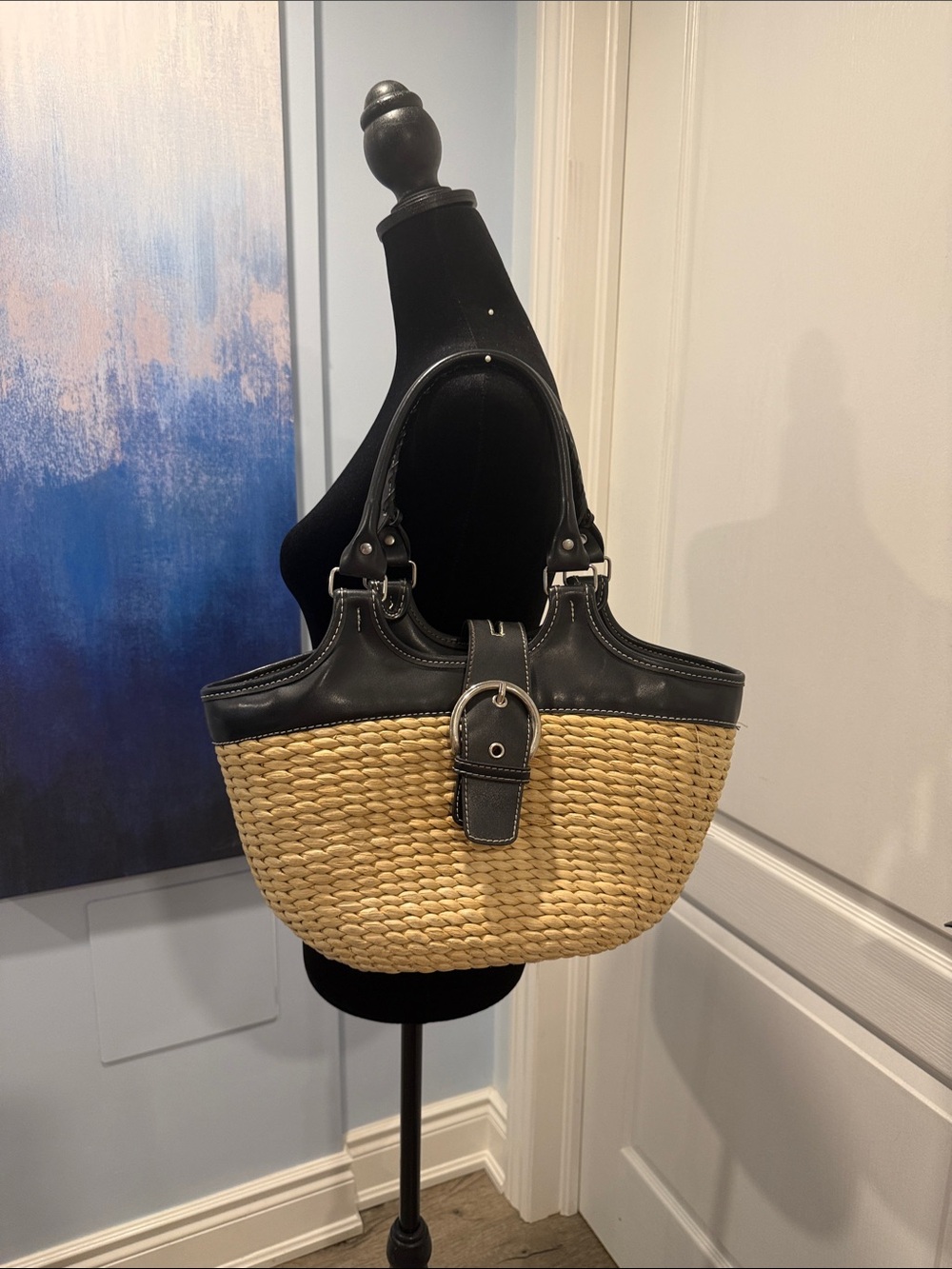 Browns Couture Straw Tote with Black Leather Trim and Buckle